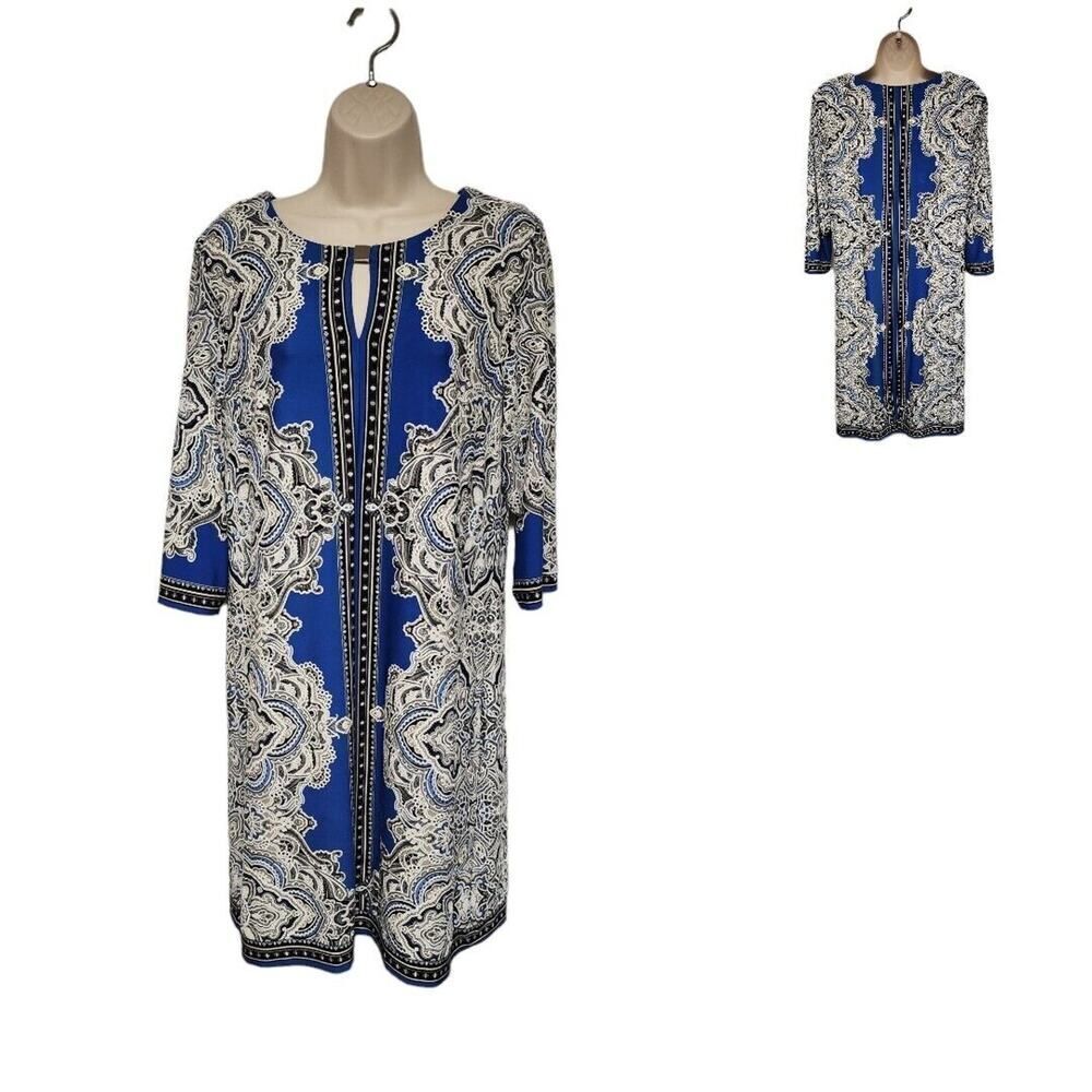 Studio One Shift Paisley Floral Stretch Dress Women Size Large Color Blue White - Picture 2 of 7